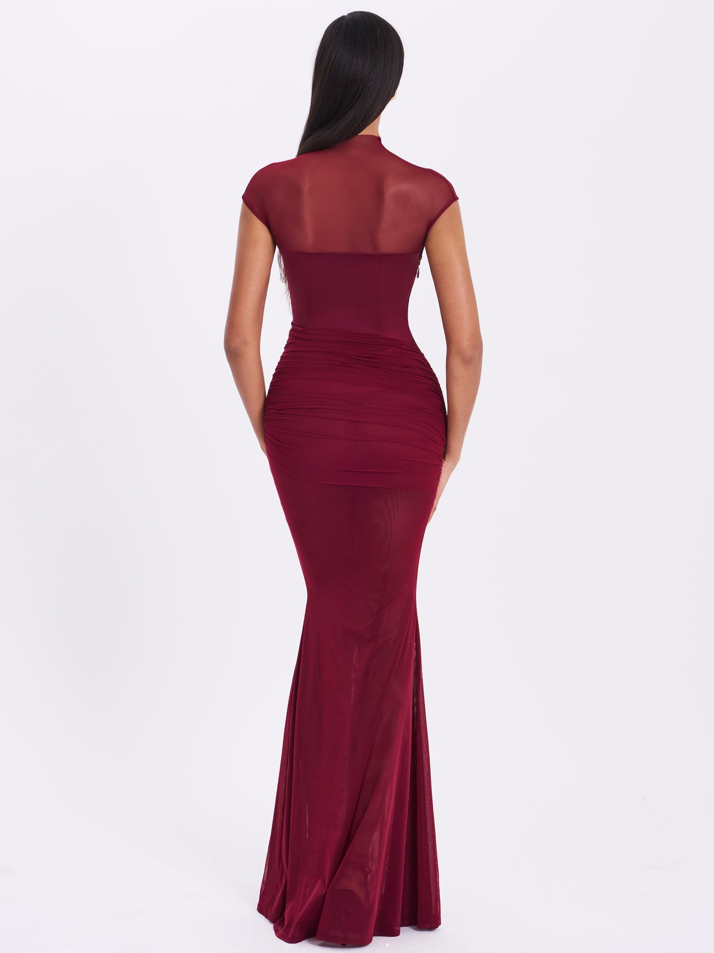Fabienne Burgundy Mesh Cap Sleeve Mermaid Gown