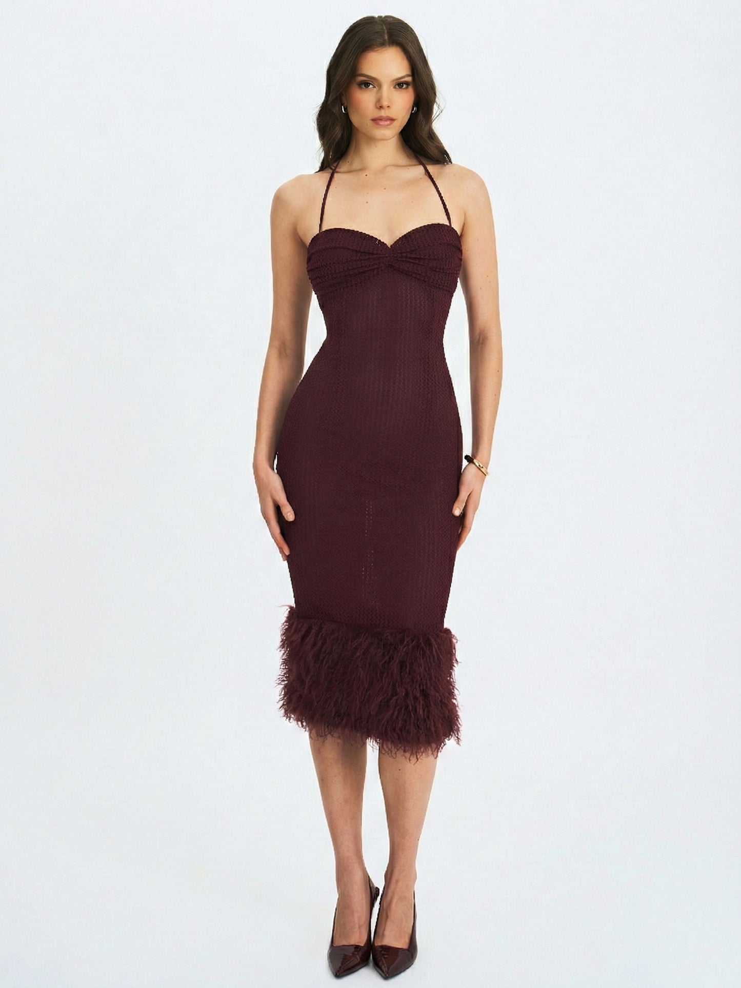 Pluma Maroon Halter Faux-Fur Trimmed Midi Dress