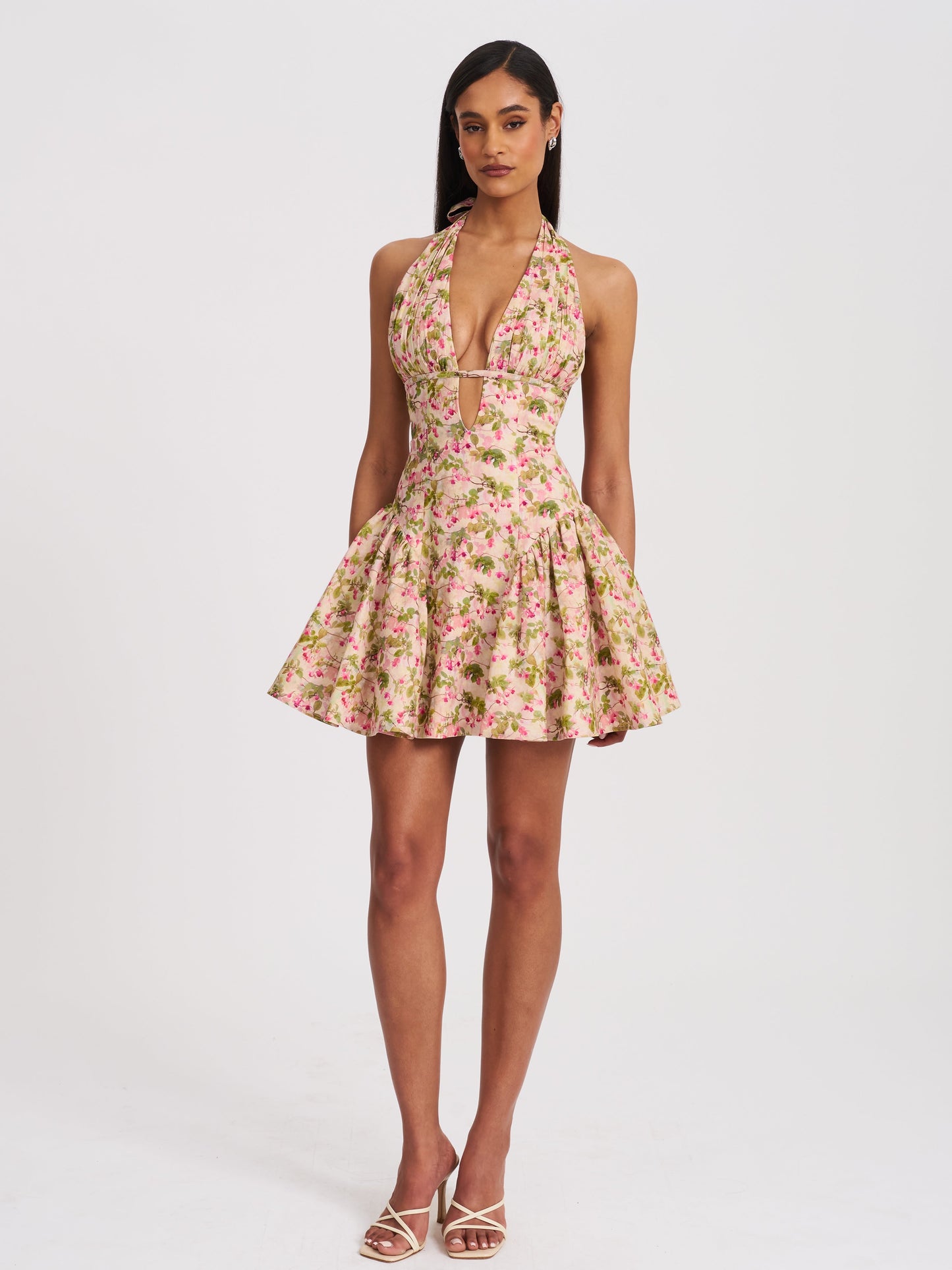 Mackenzie Green and Pink Floral Print Halter Linen Mini Dress
