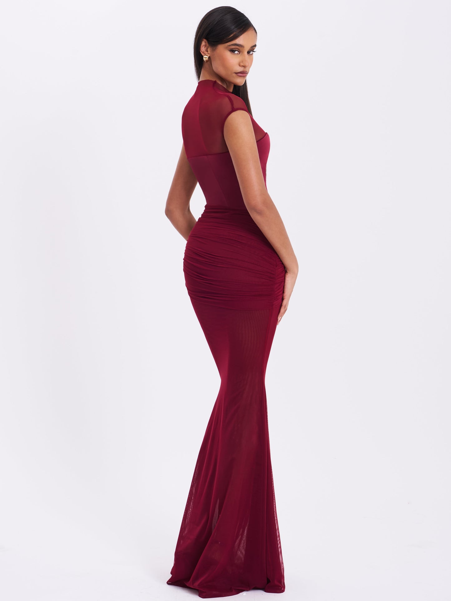 Fabienne Burgundy Mesh Cap Sleeve Mermaid Gown