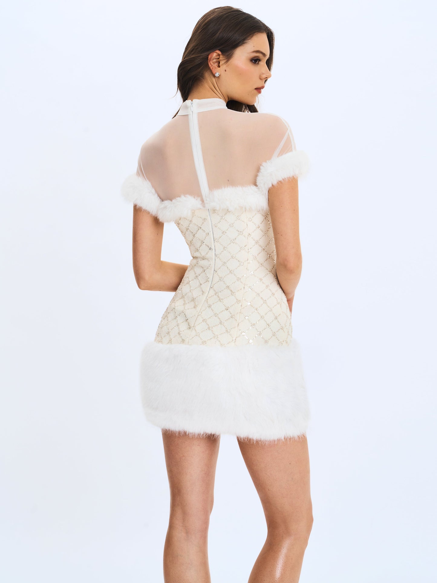 Taylor Ivory Fur Trimmed Beaded Bouclé Mini Dress