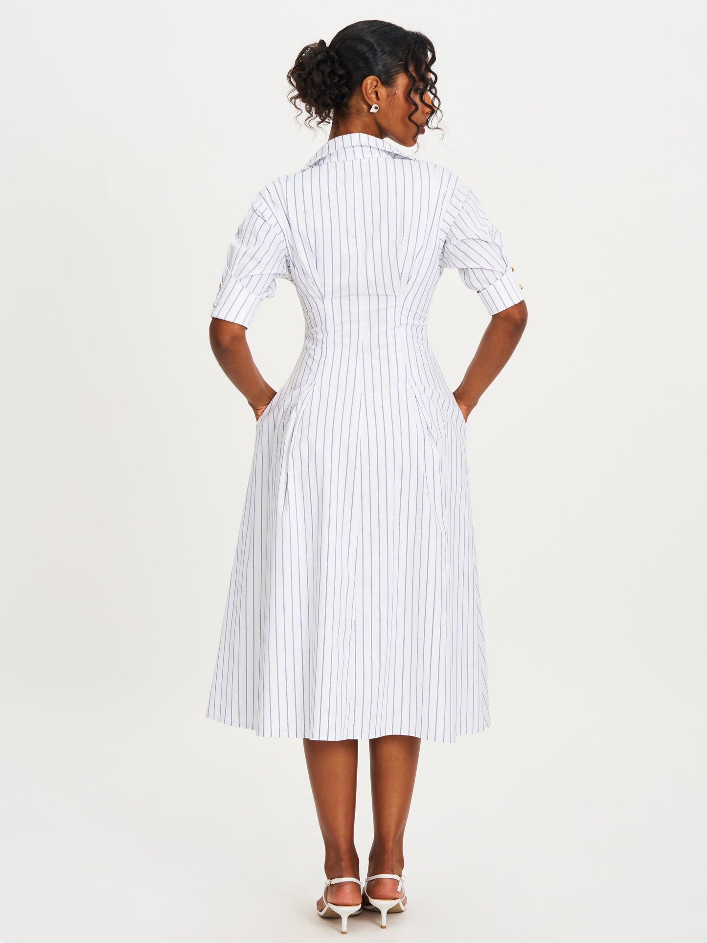 Palina Pinstripes Cotton Poplin Pleated Midi Preppy Shirt Dress