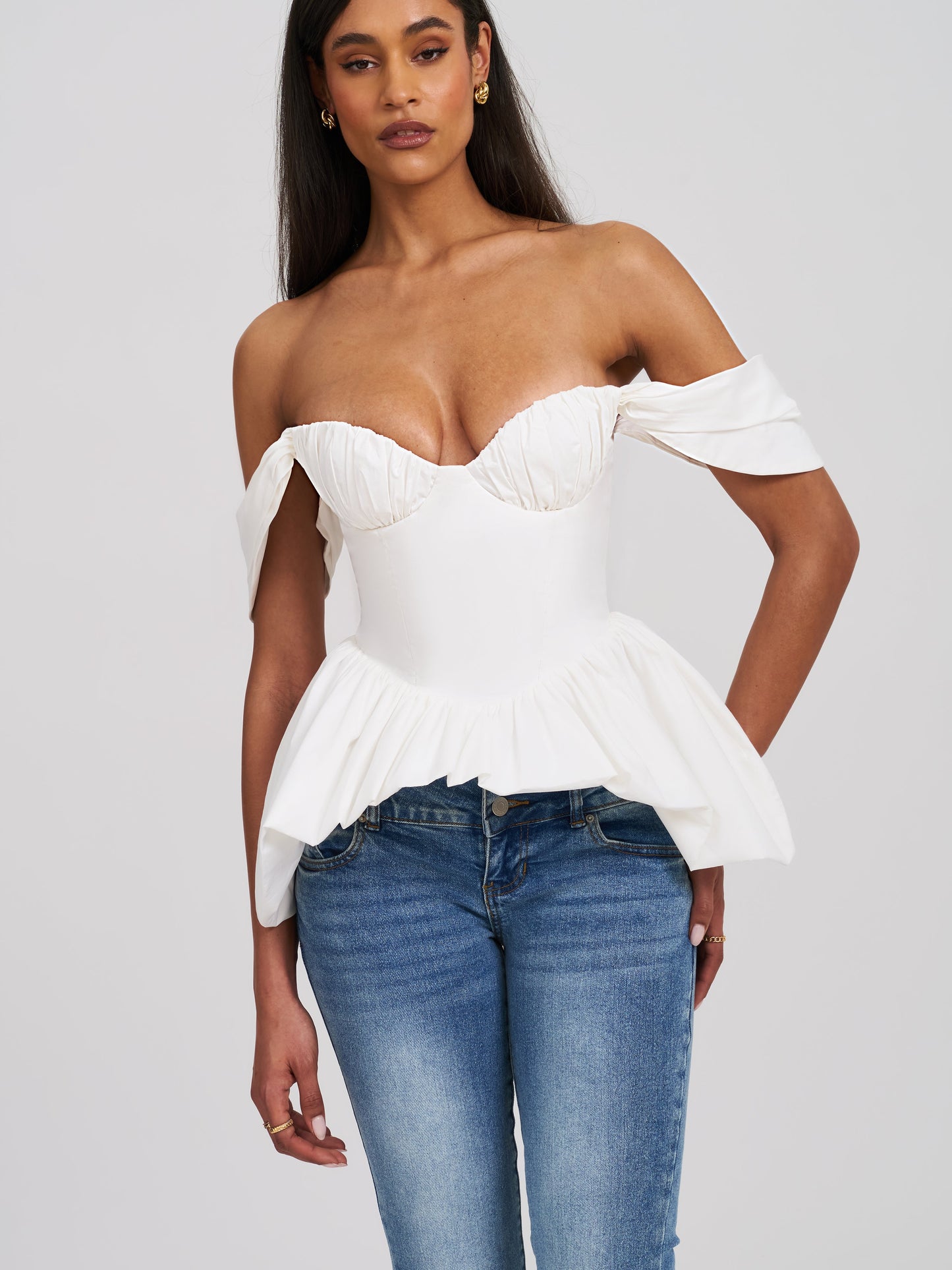 Qistina White Off-shoulder Bubble Hem Peplum Cotton Top