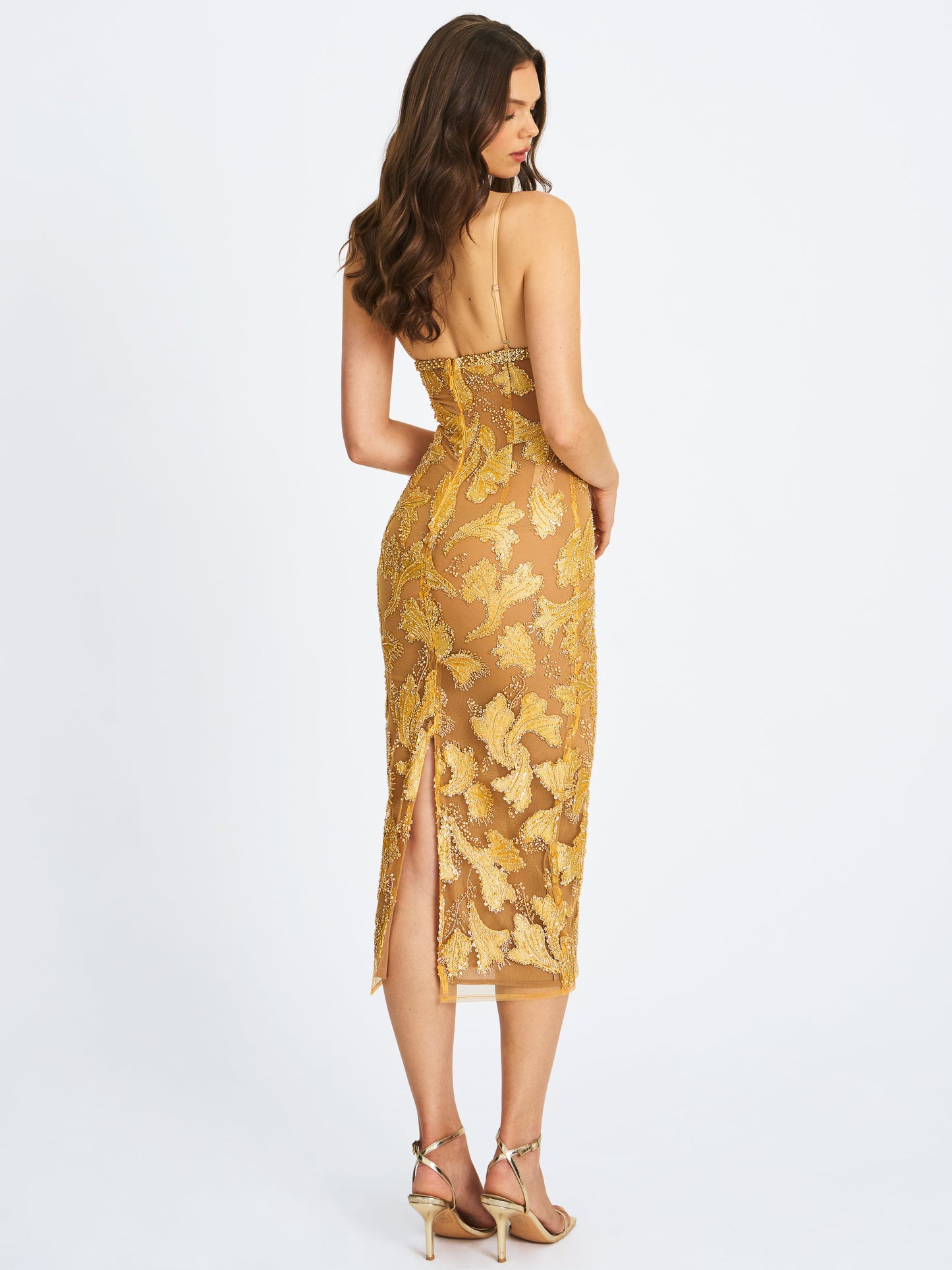 Edie Gold Beaded Sequin Midi Pencil Dress