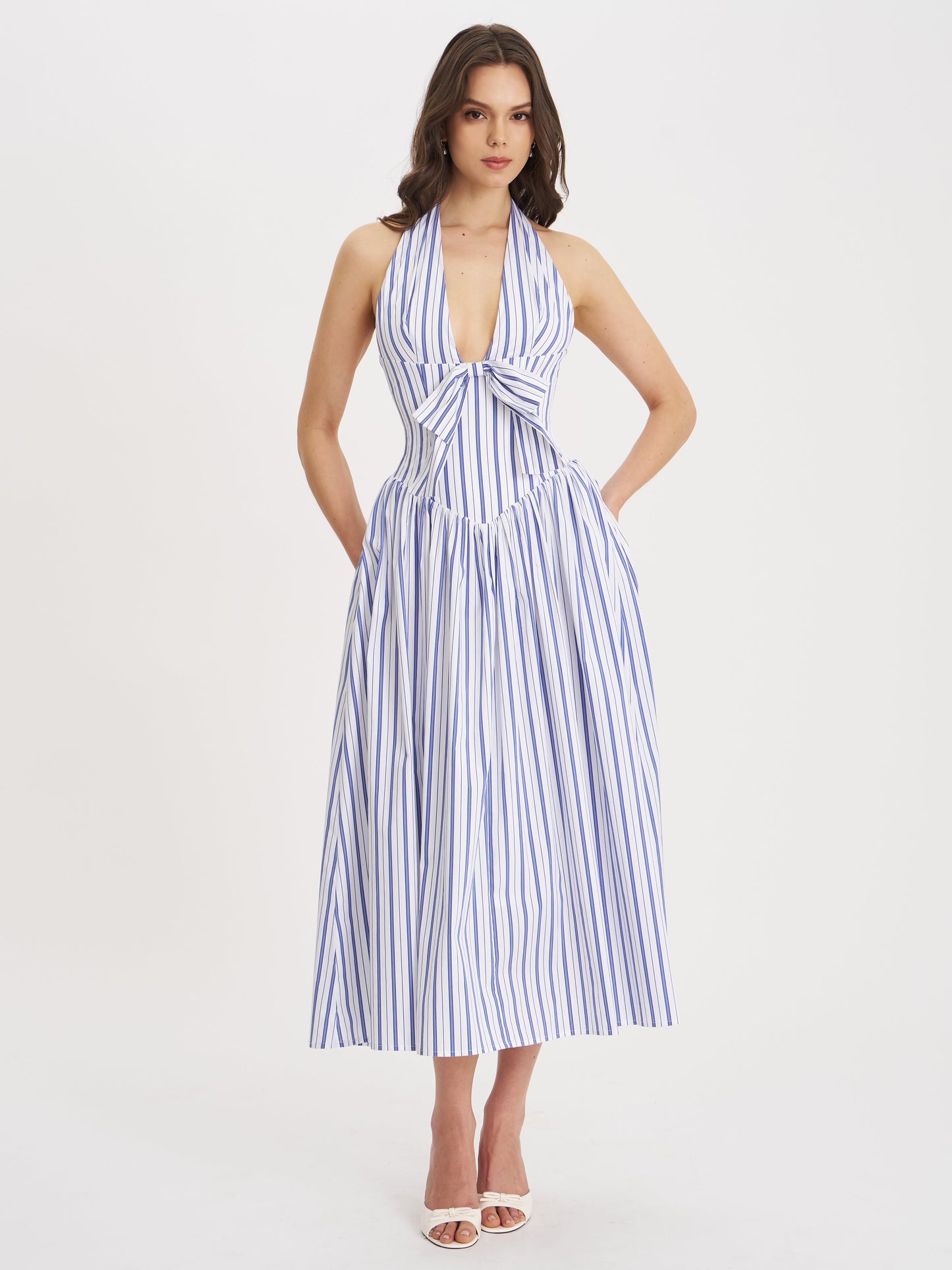 Mackenna Navy Stripe Halter Smock Back Maxi Dress