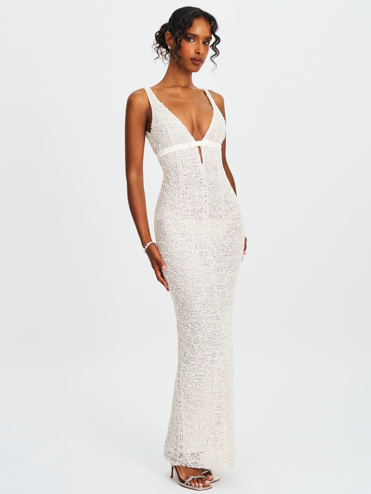Adelaide White Beaded Sequin Net Bodycon Gown