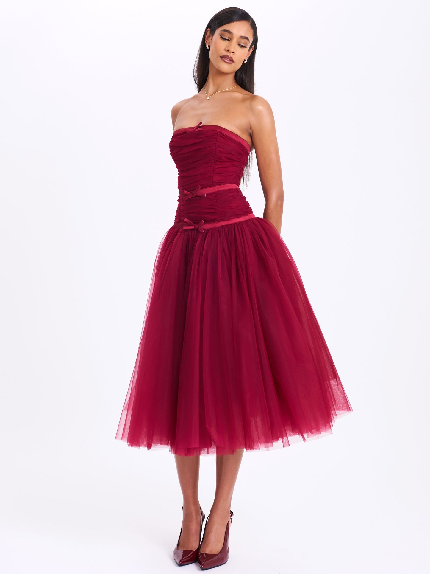 Mabel Burgundy Drop Waist Layered Mesh Midi Puffy Dress with Bow