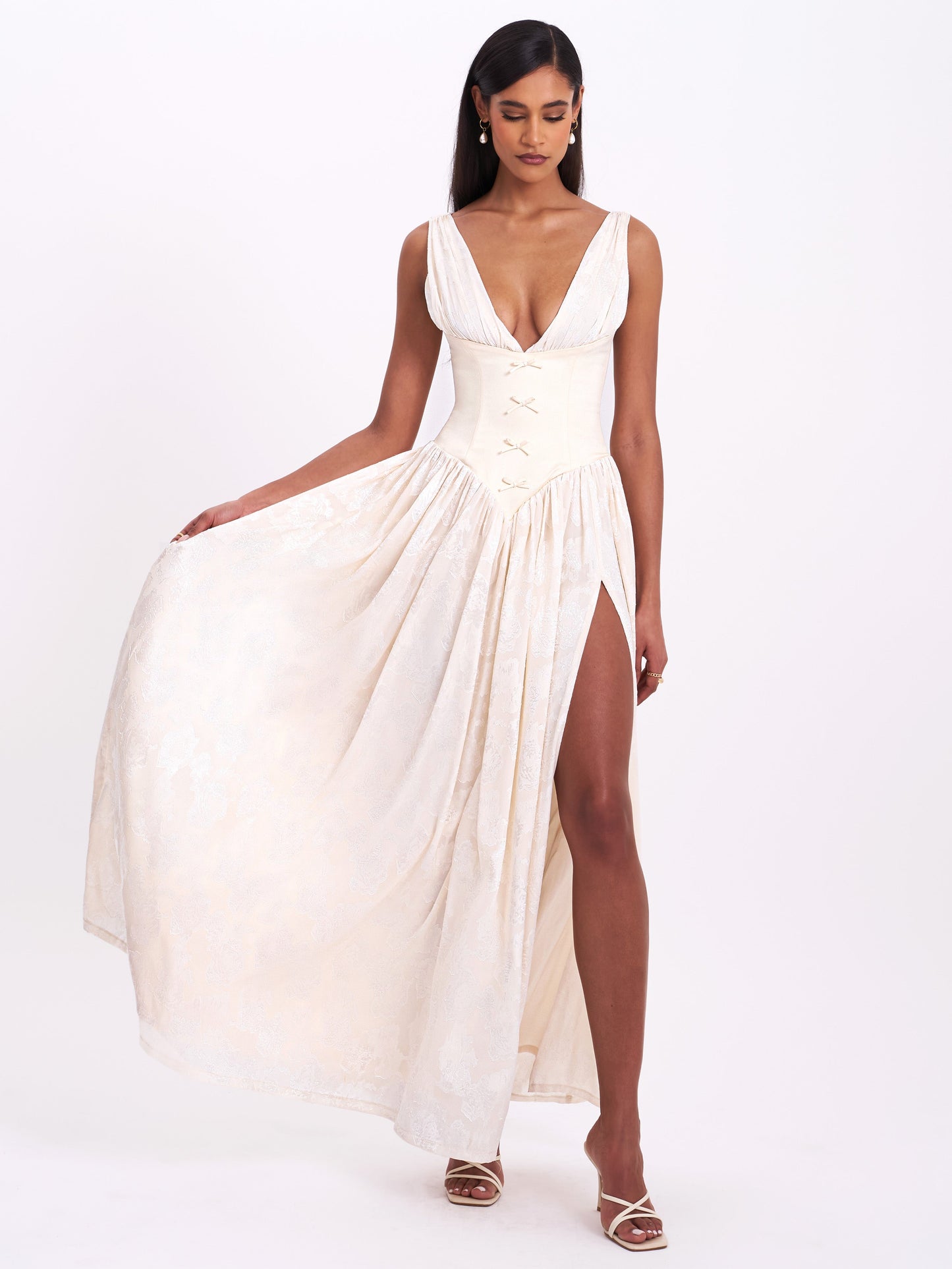 Sabrina Butter Yellow High Slit Jacquard Maxi Dress