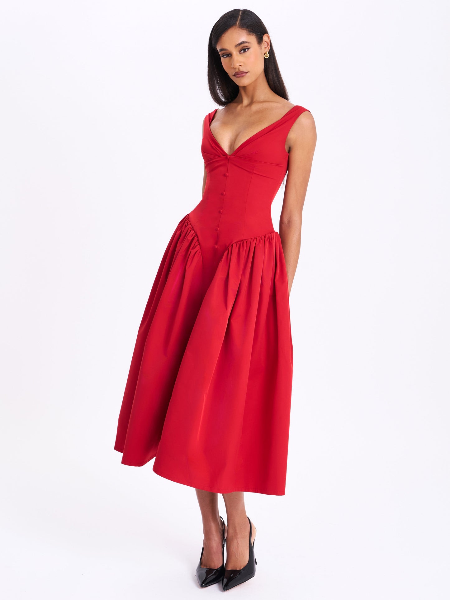 Nahla Red Drop Waist Midi Dress with Buttons