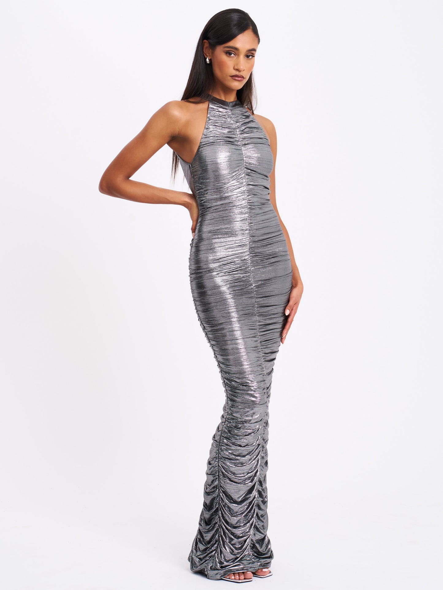 Abril Ruched Silver Glitter Backless Gown