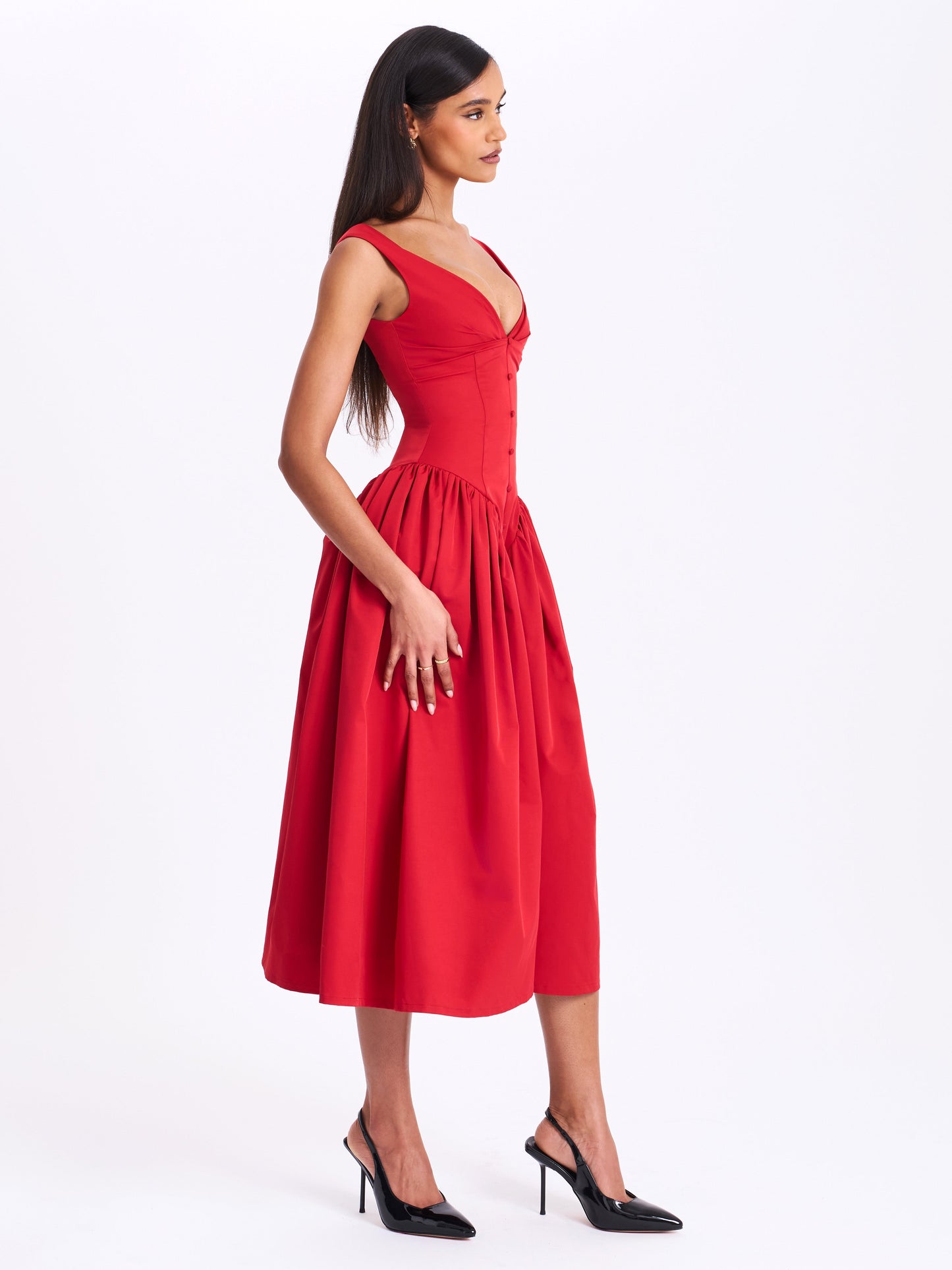 Nahla Red Drop Waist Midi Dress with Buttons