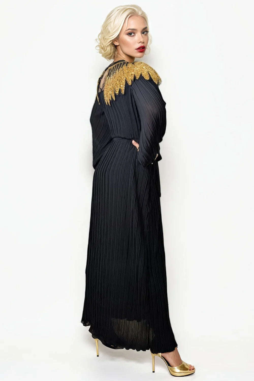 W52501 REGAL APPLIQUE PLEATED DRESS