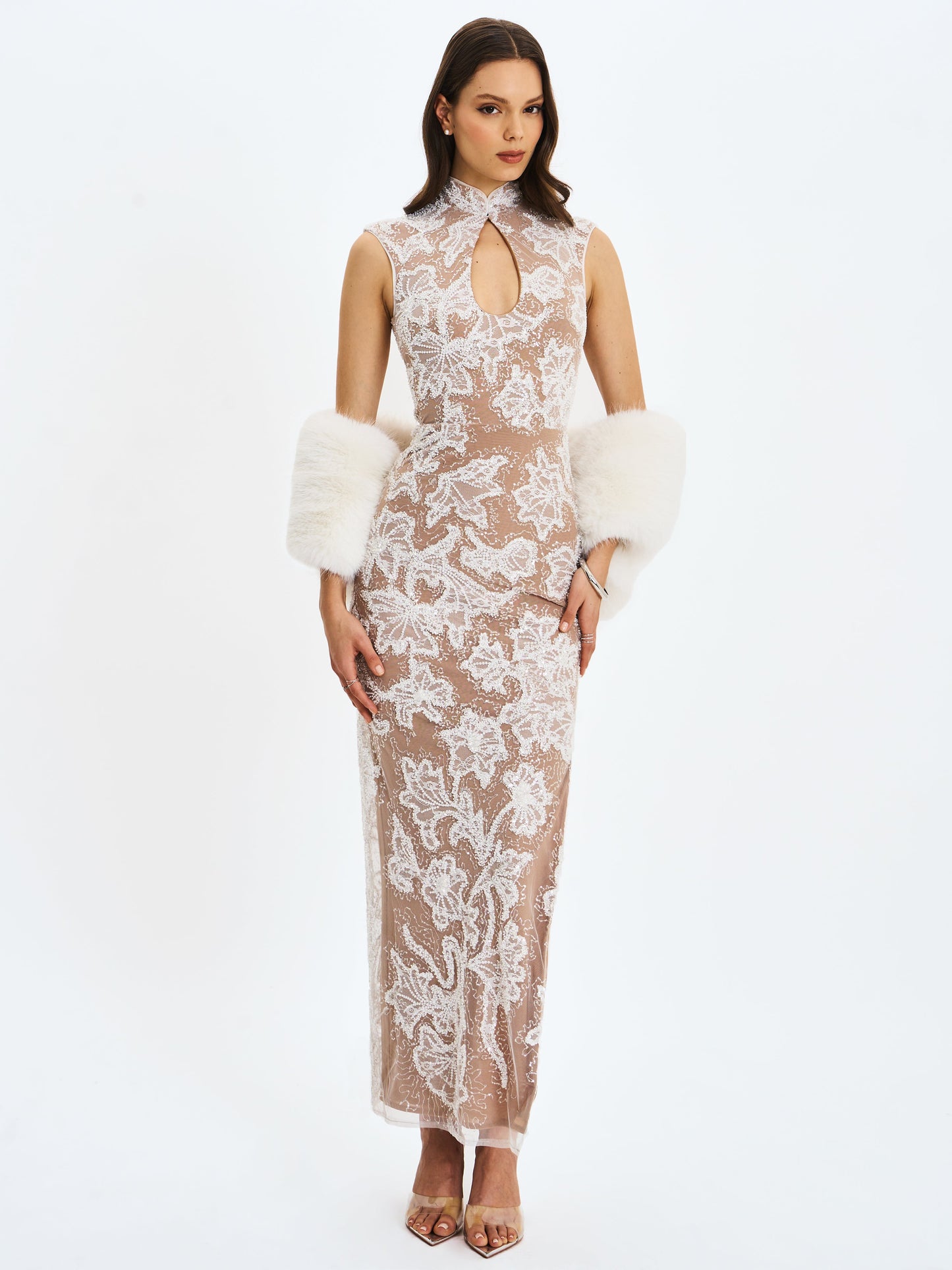 Tavia White Beaded Teardrop Neckline Maxi Dress