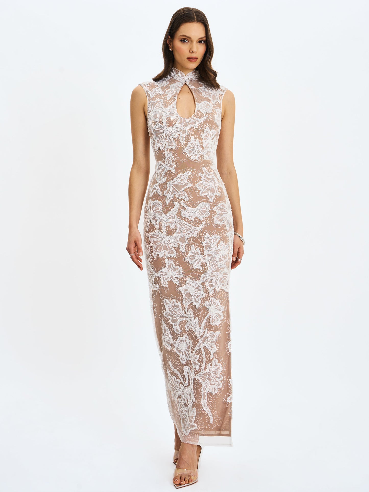 Tavia White Beaded Teardrop Neckline Maxi Dress