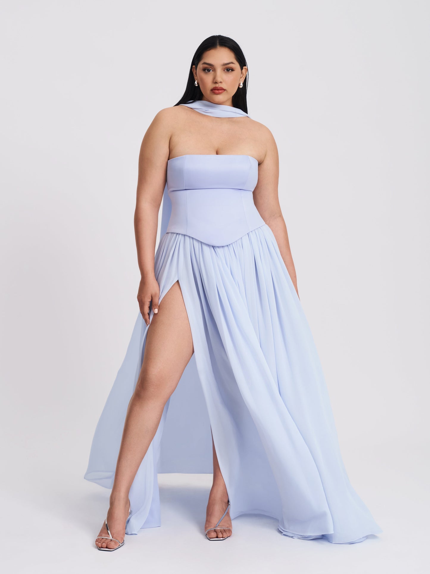 Qianna Baby Blue Peplum Drop Waist Chiffon Gown
