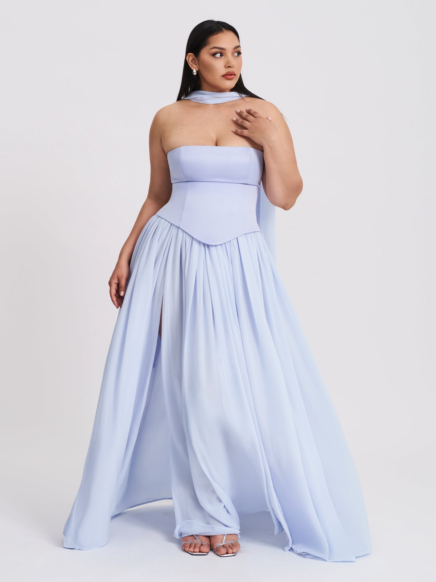 Qianna Baby Blue Peplum Drop Waist Chiffon Gown