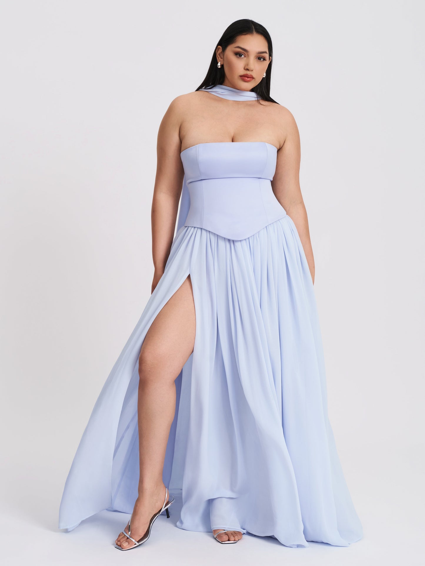 Qianna Baby Blue Peplum Drop Waist Chiffon Gown
