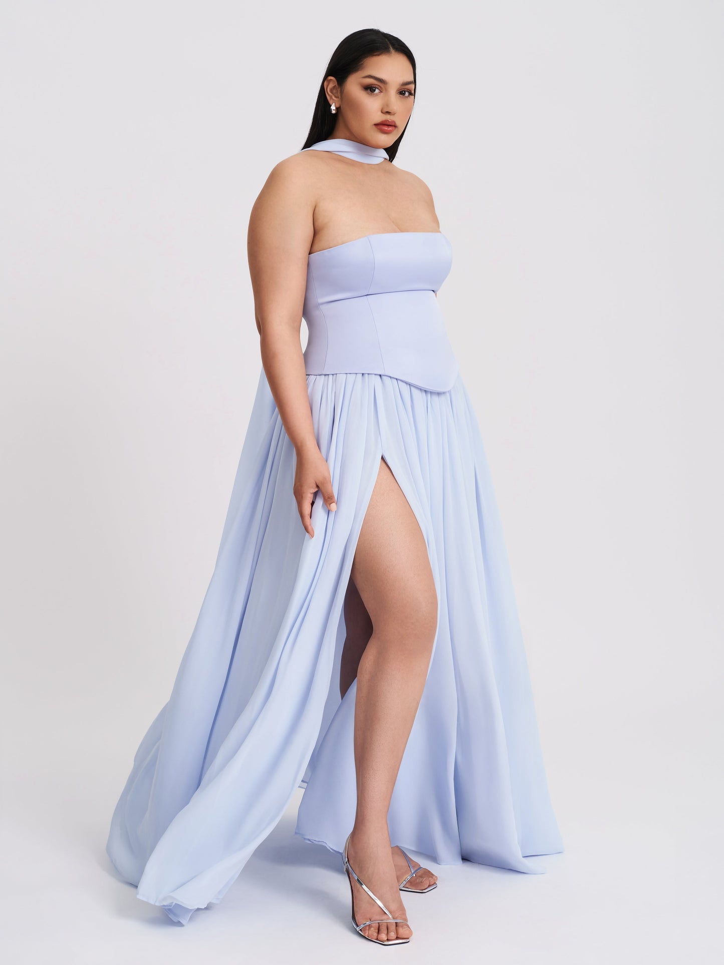 Qianna Baby Blue Peplum Drop Waist Chiffon Gown