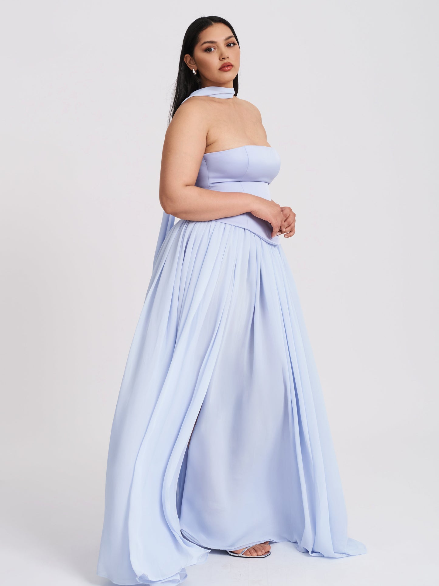 Qianna Baby Blue Peplum Drop Waist Chiffon Gown