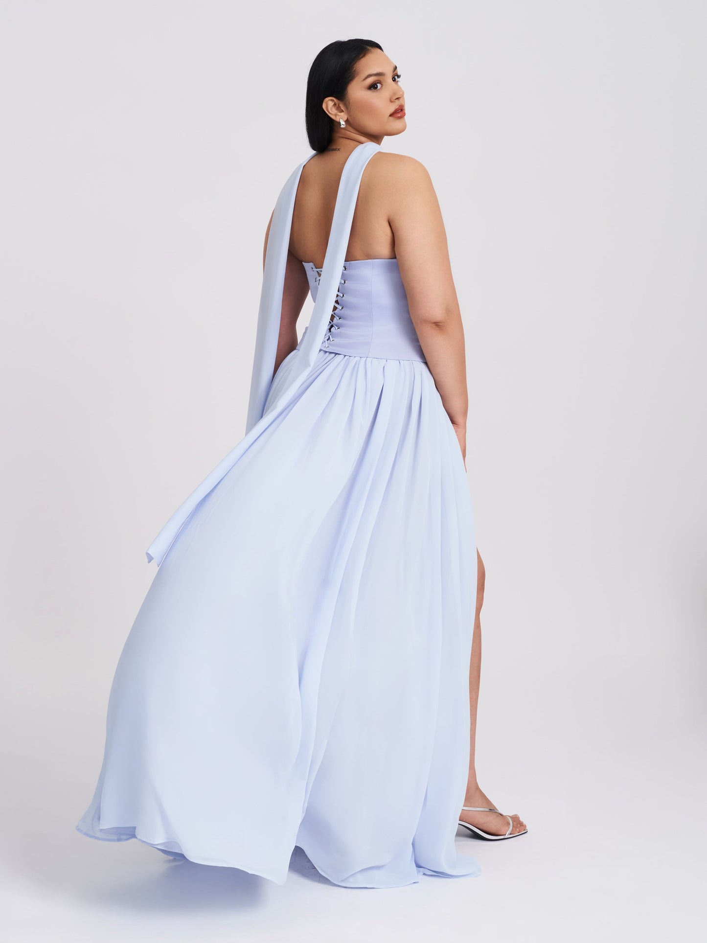 Qianna Baby Blue Peplum Drop Waist Chiffon Gown