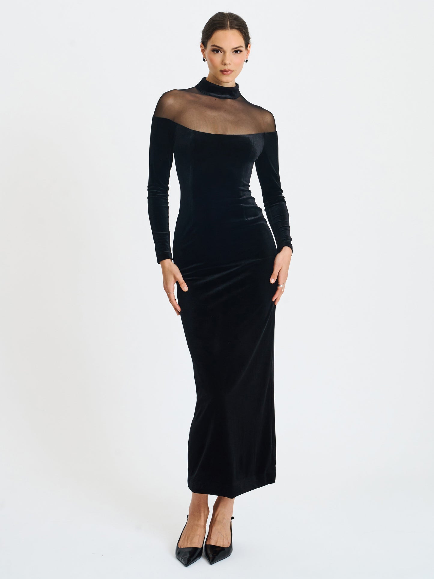 Blair Black Sheer Mock Neck Maxi Dress