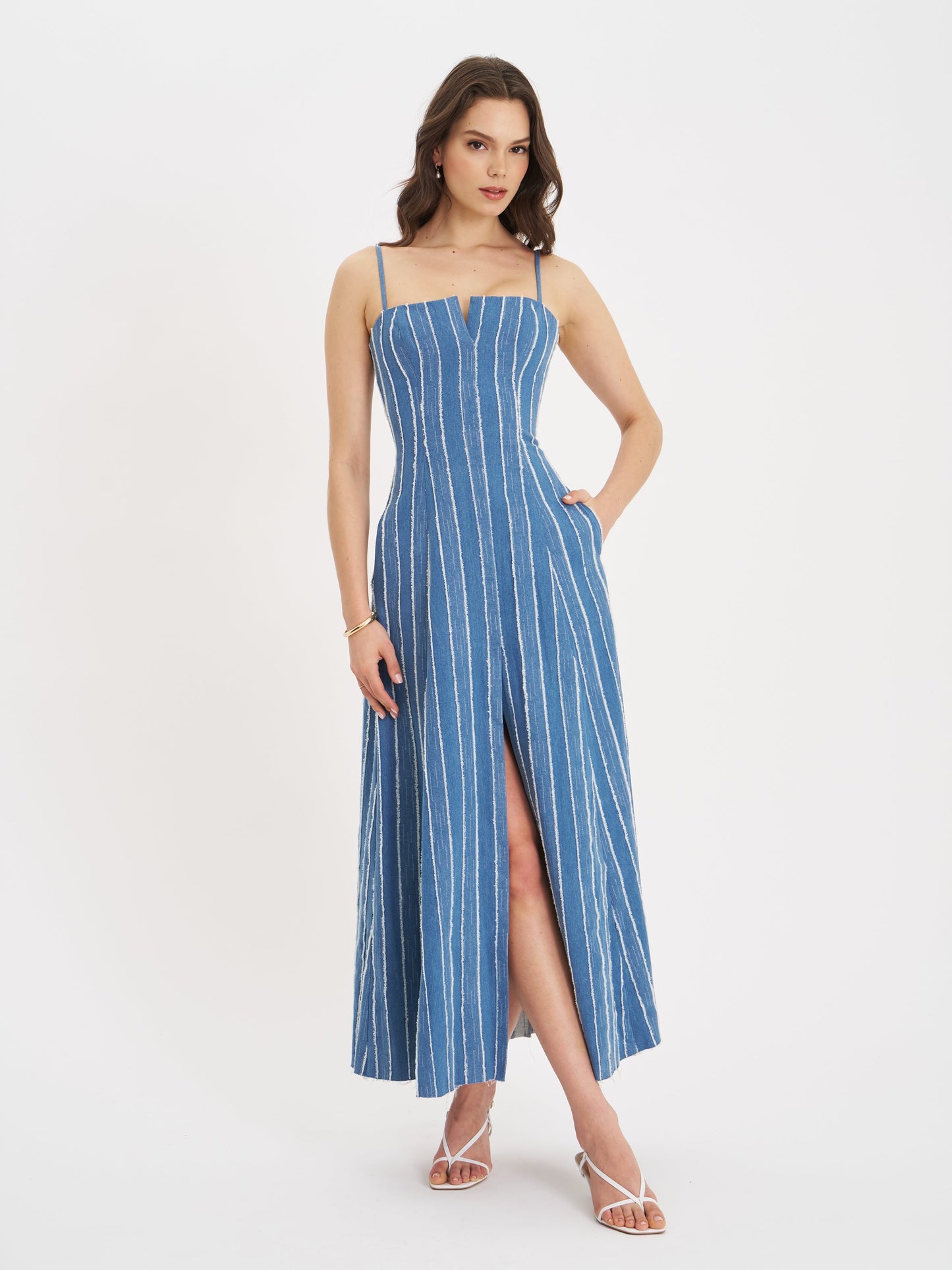 Abygail Stripe Cotton Denim Maxi Dress