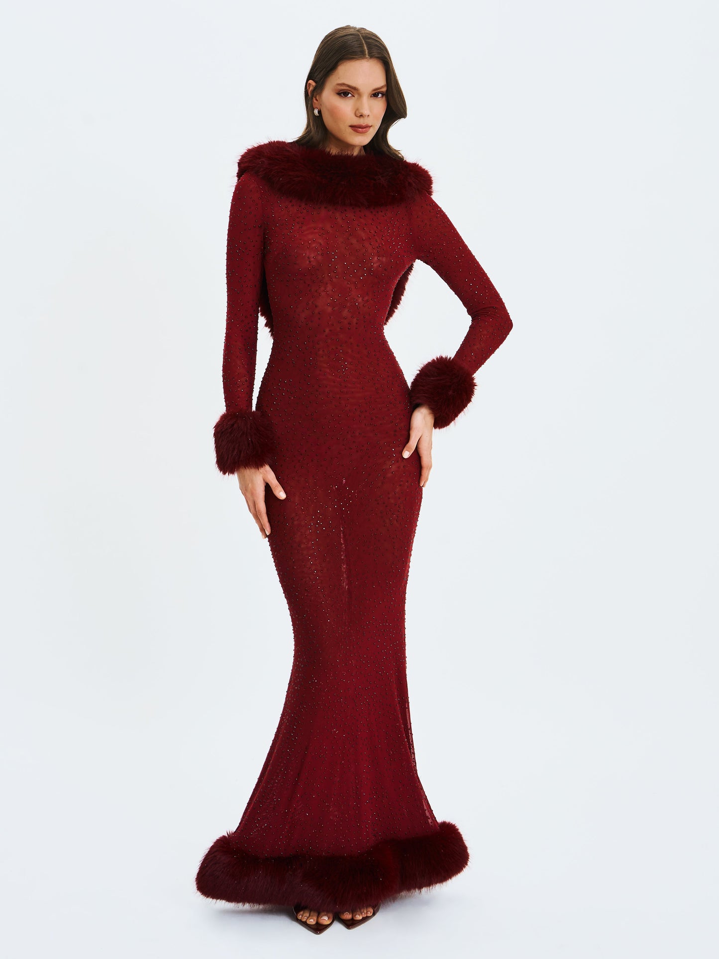 Mellie Burgundy Regular-Length Rhinestone Mesh Low Back Mermaid Gown