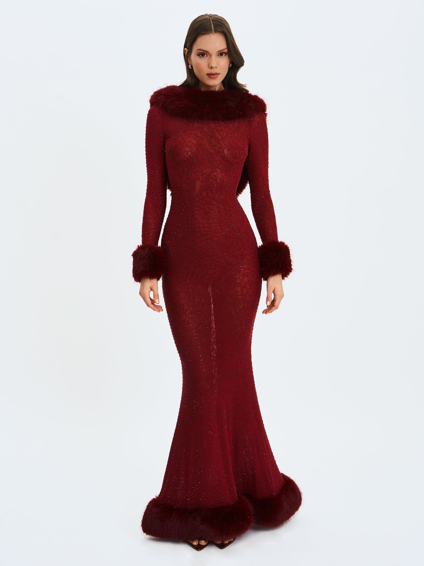 Mellie Burgundy Regular-Length Rhinestone Mesh Low Back Mermaid Gown
