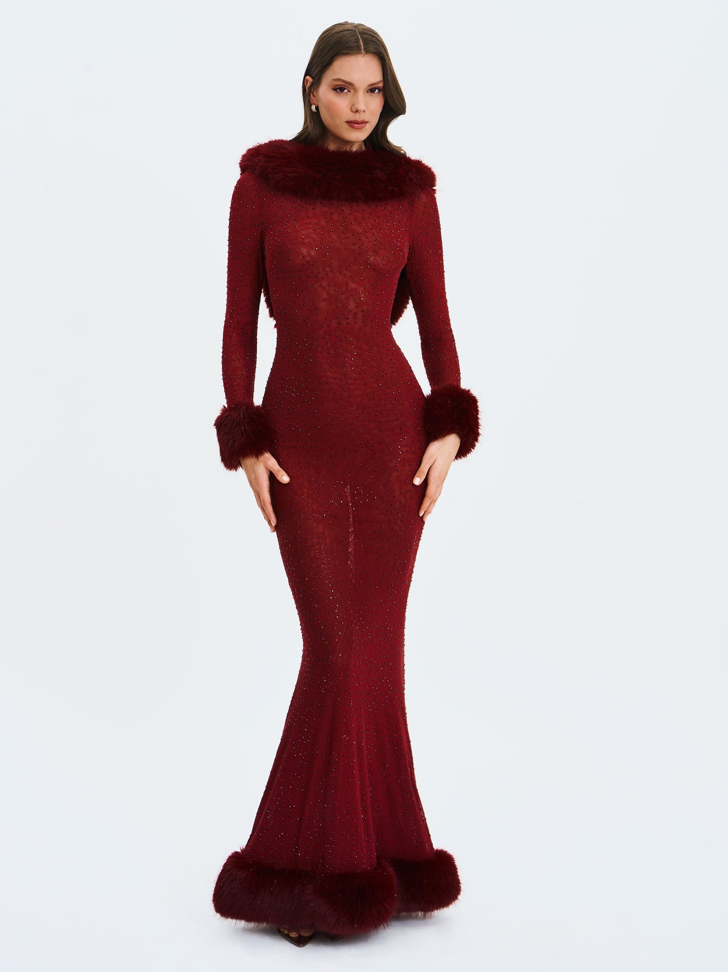Mellie Burgundy Regular-Length Rhinestone Mesh Low Back Mermaid Gown