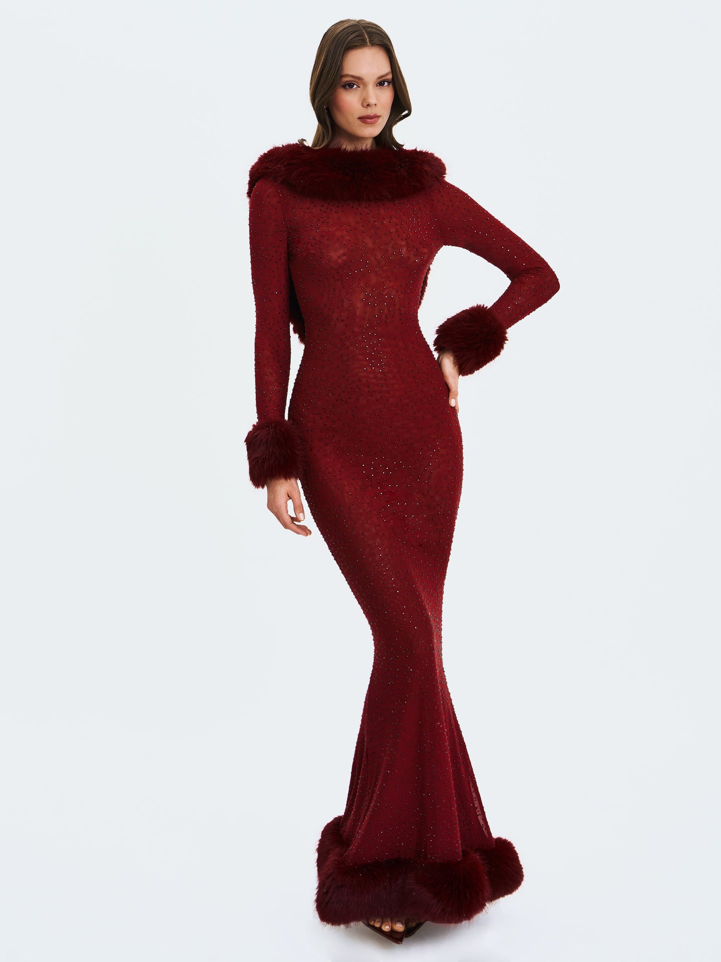 Mellie Burgundy Regular-Length Rhinestone Mesh Low Back Mermaid Gown