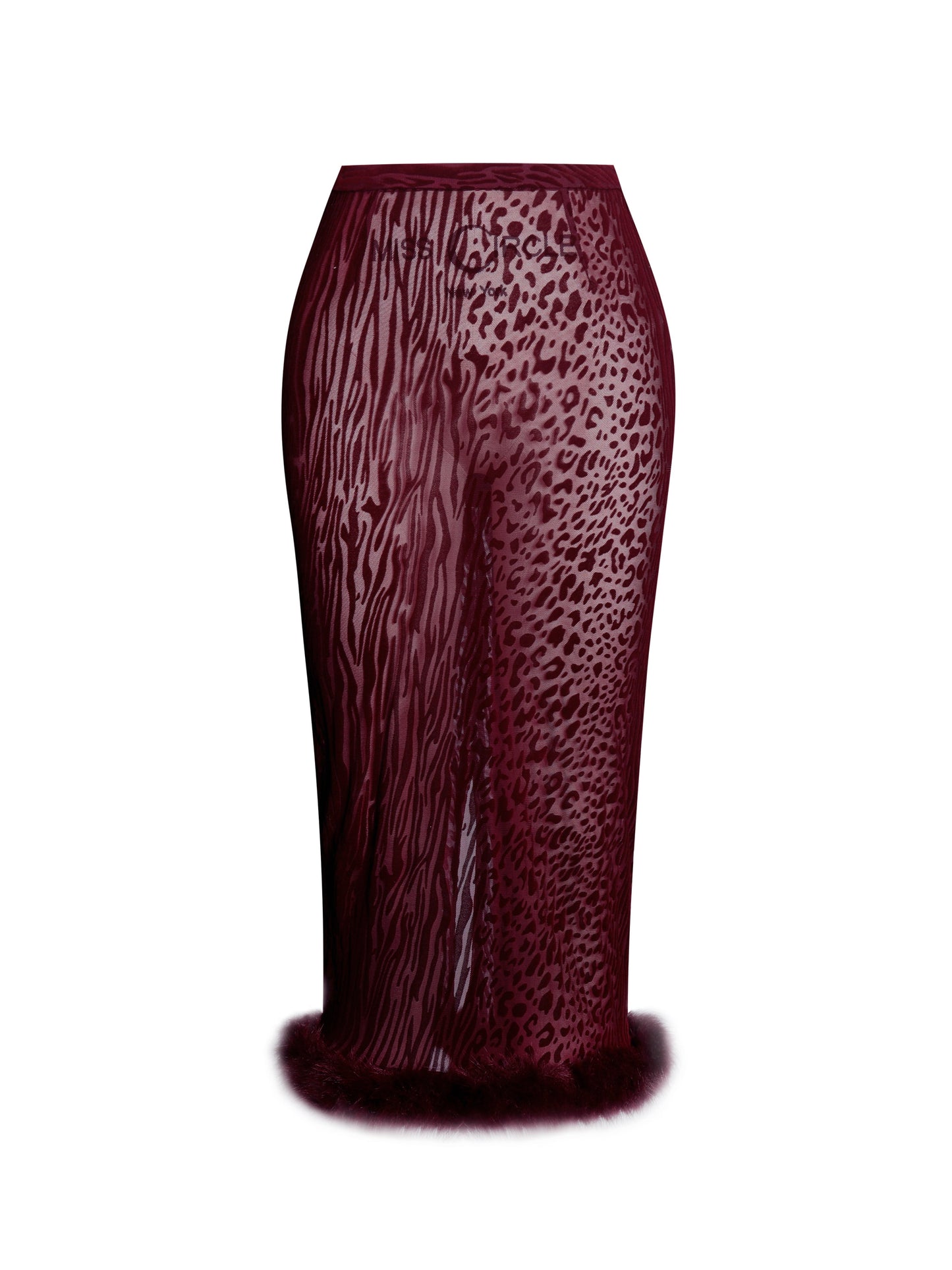 Halia Burgundy Animal Print Burnout Velvet Fur Trim Skirt