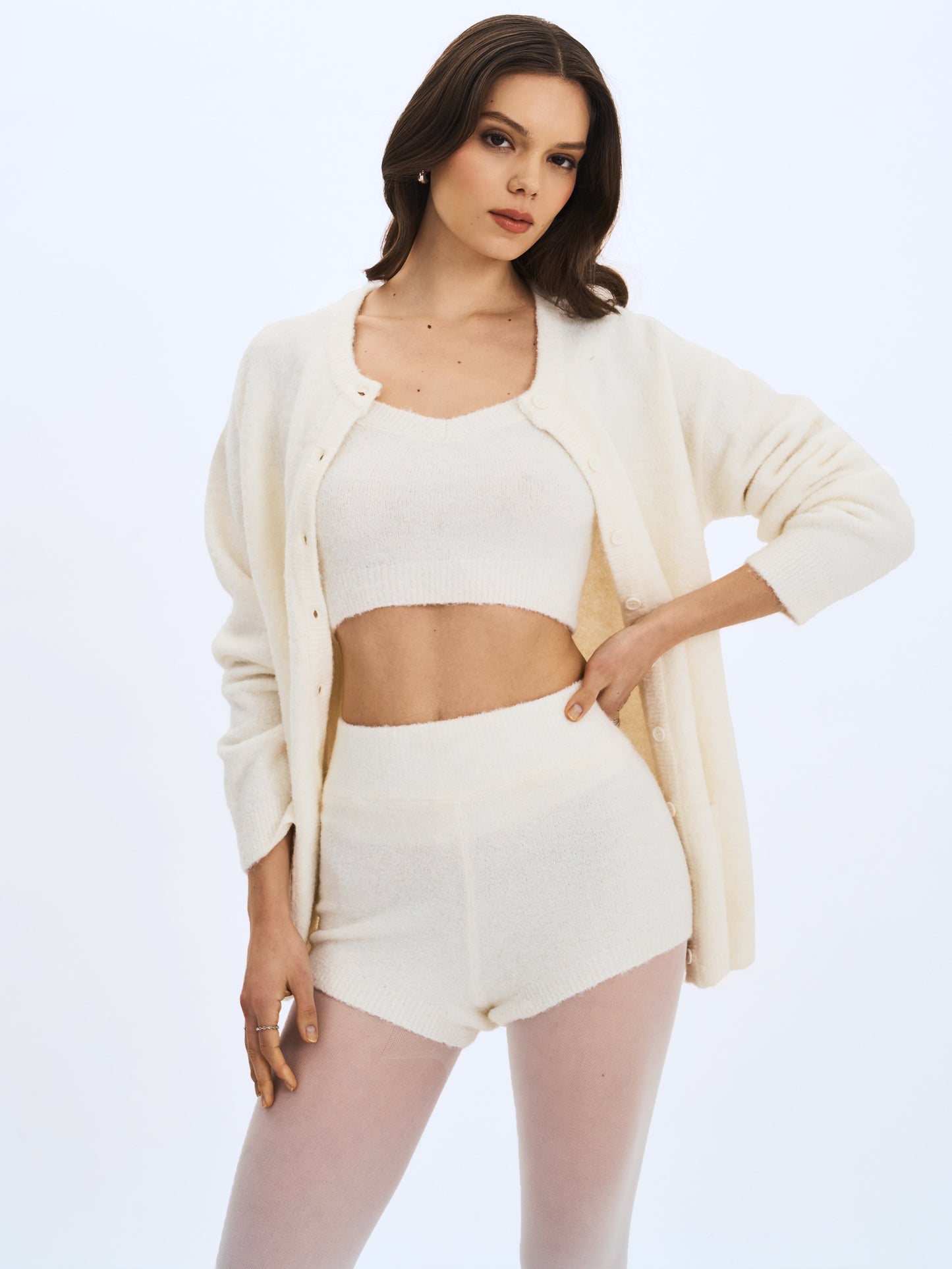 Selene White Wool-Blend Ribbed Knit V-Neck Top