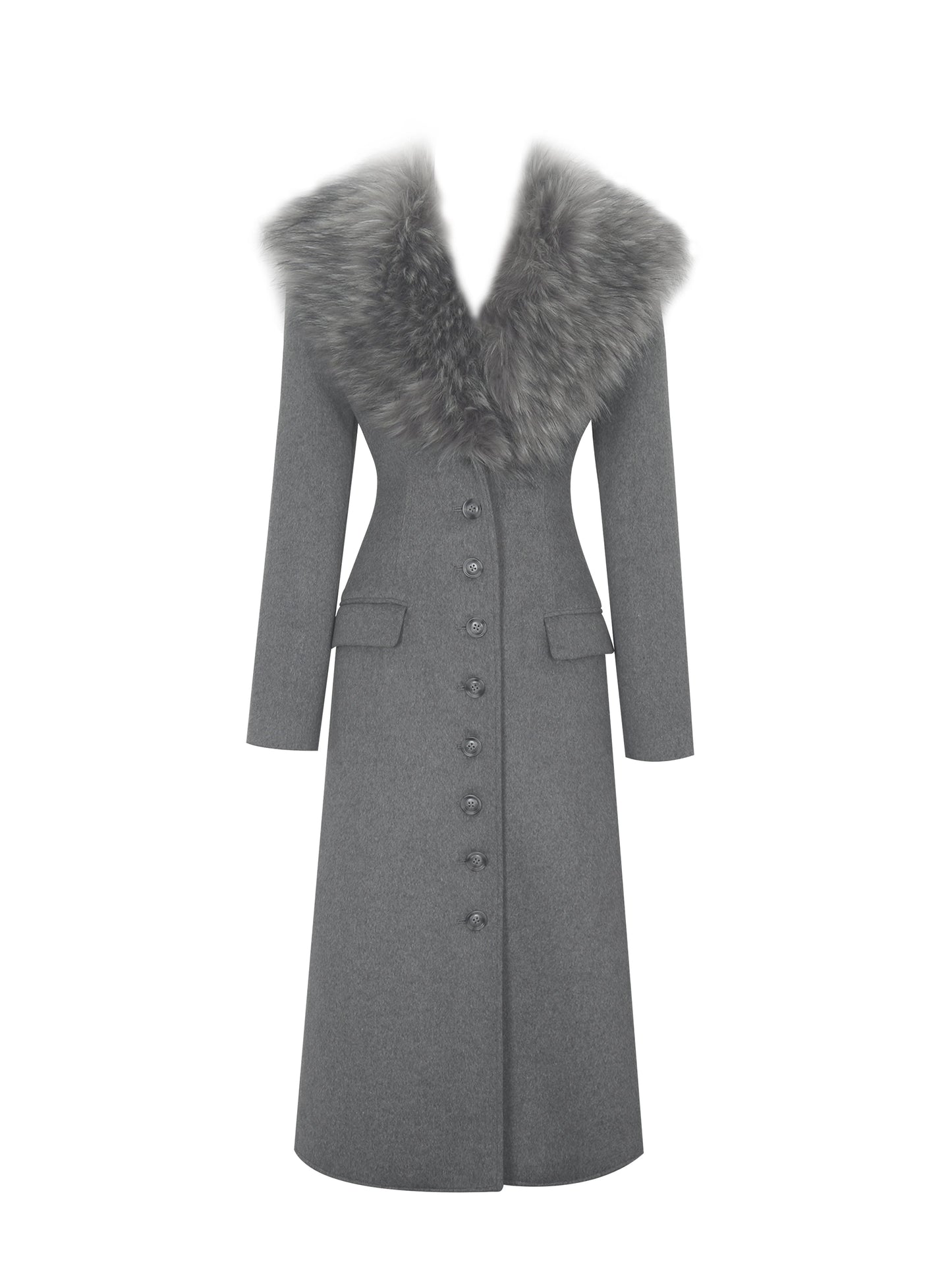 Faye Grey Wool Blend Single-Breasted Coat with Removable Faux Fur Collar