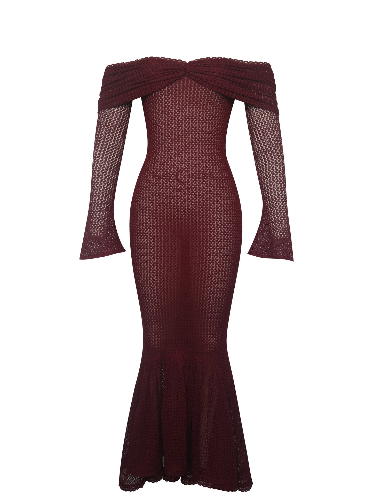 Kaedyn Burgundy Off Shoulder Long Sleeve Crochet Mermaid Maxi Dress