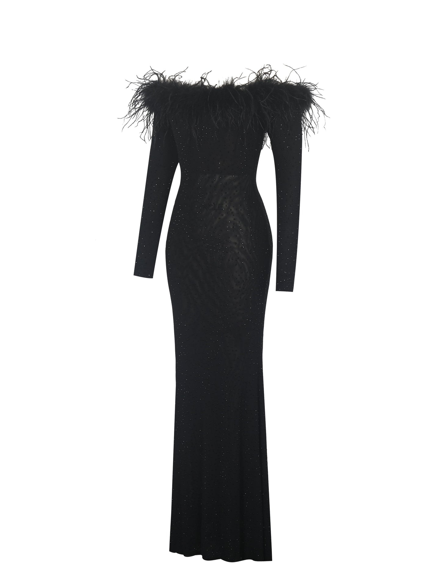 Emberly Black Fur Trimmed Off-Shoulder Rhinestone Mermaid Maxi Dress