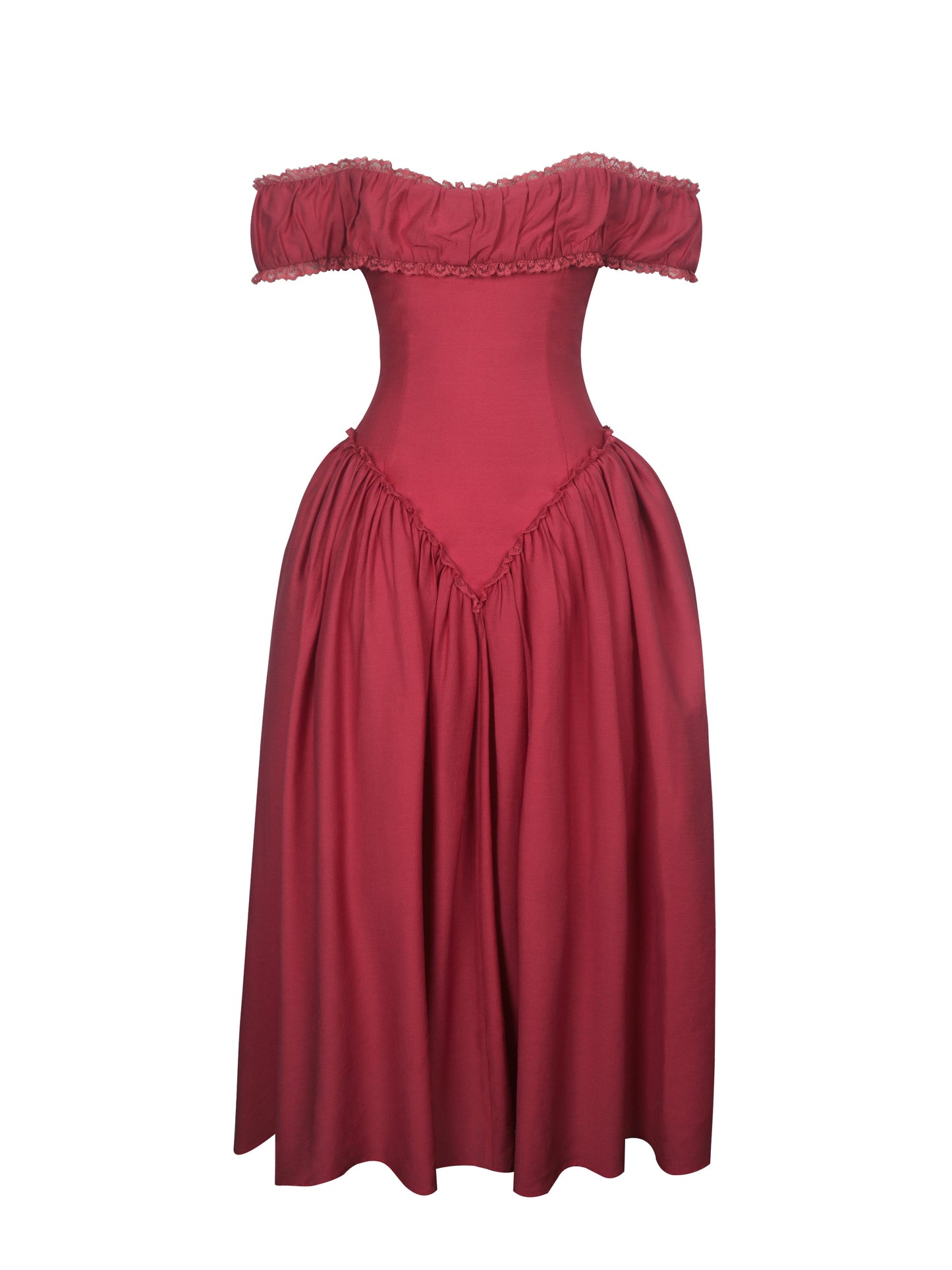 Xavy Crimson Off-Shoulder Corset Midi Dress