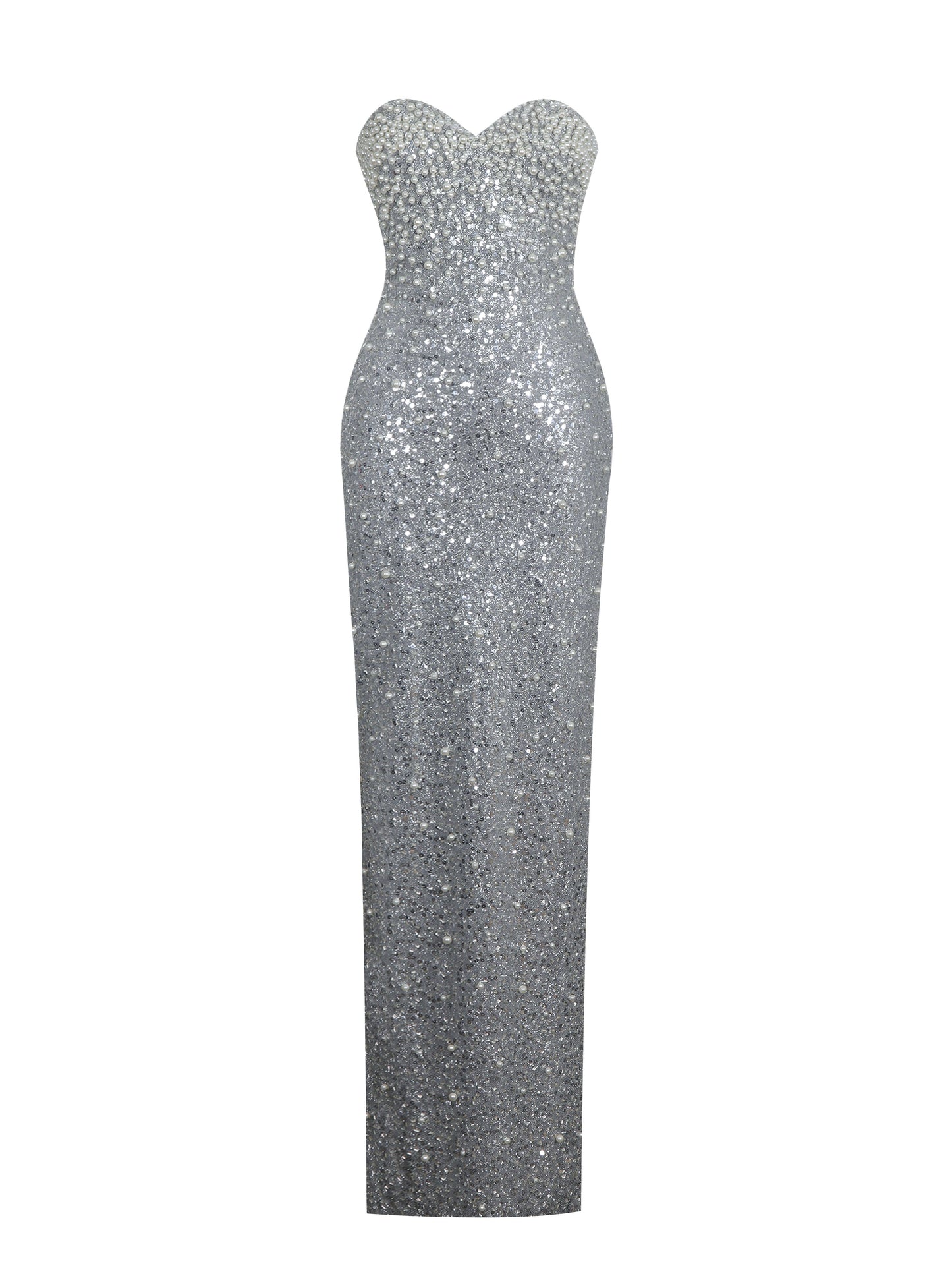 Noelle Silver Sequin Pearl-Embellished Sweetheart Maxi Dress