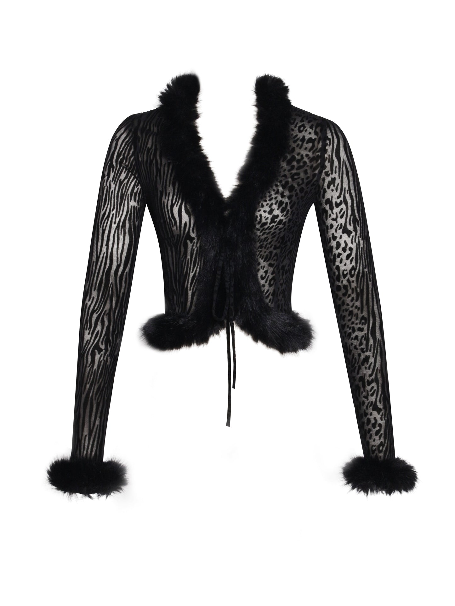 Hali Black Animal Print Burnout Velvet Fur Trim Top