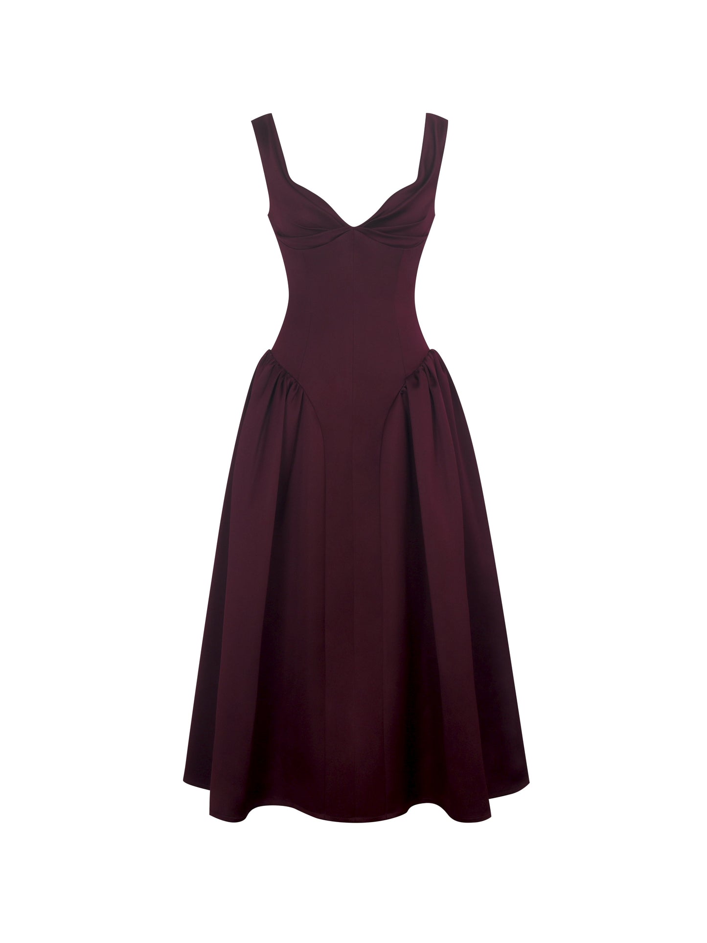 Omella Burgundy Ruched Bust Sweetheart Flared Midi Dress