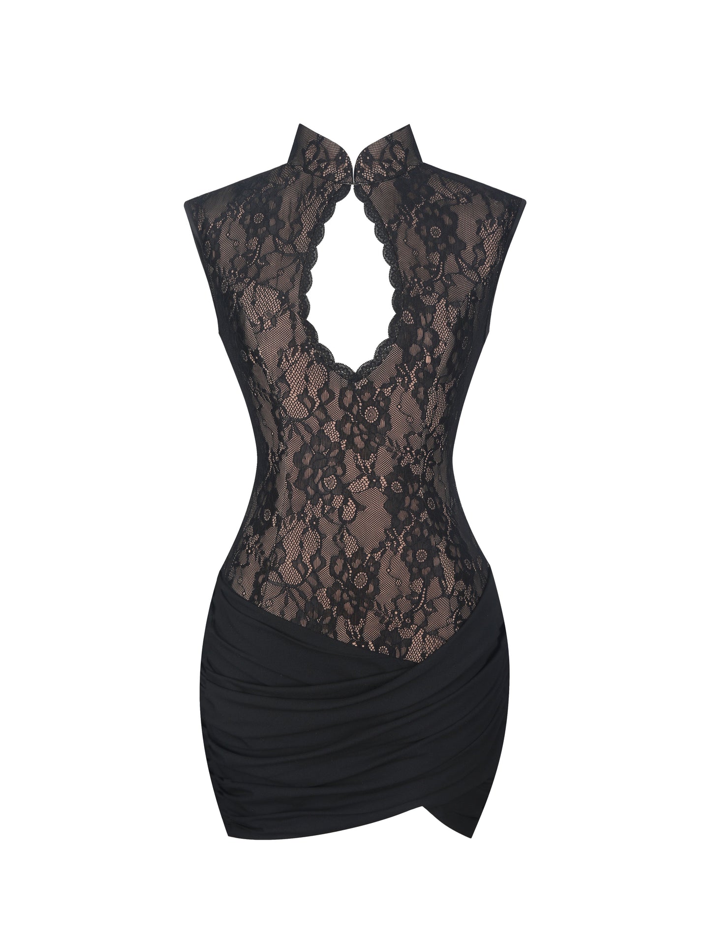 Valerie Black Lace Teardrop Neckline Ruched Mini Dress