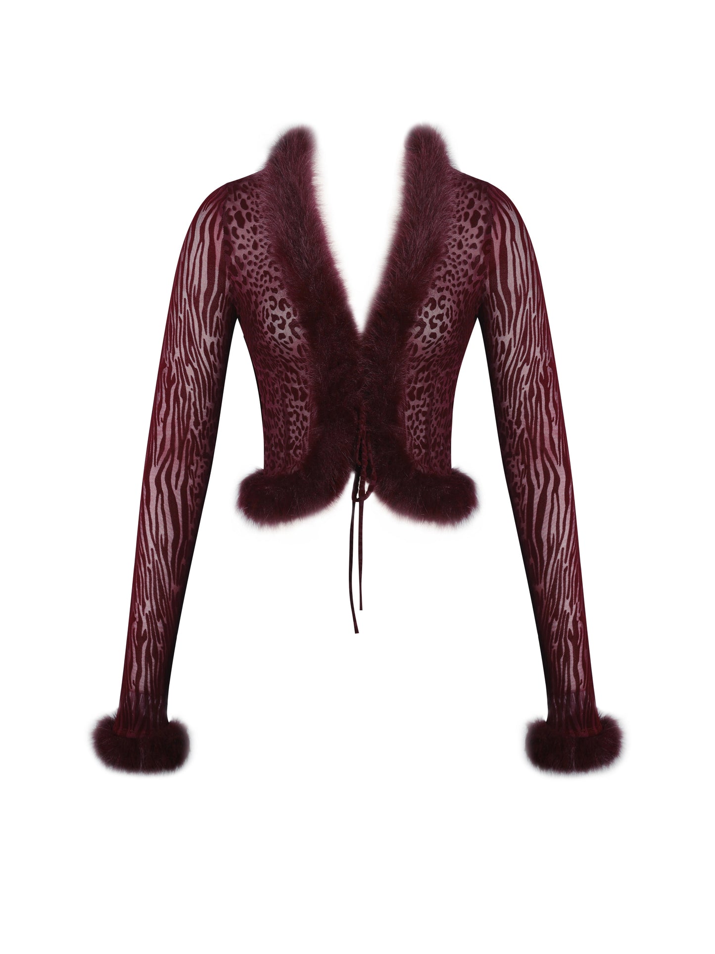 Hali Burgundy Animal Print Burnout Velvet Fur Trim Top