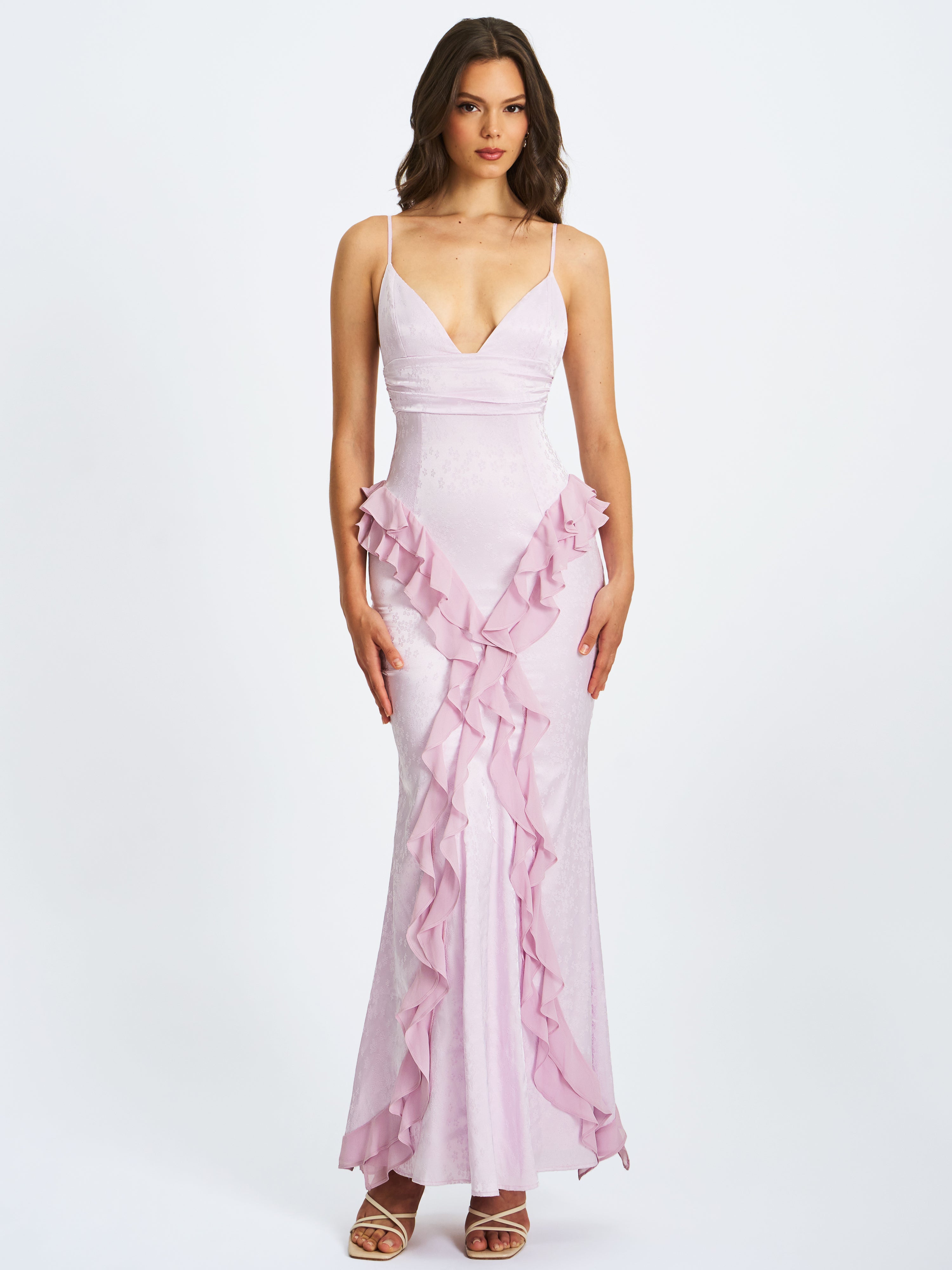 Paolina Taro Pink Jacquard Ruffle Mermaid Maxi Dress