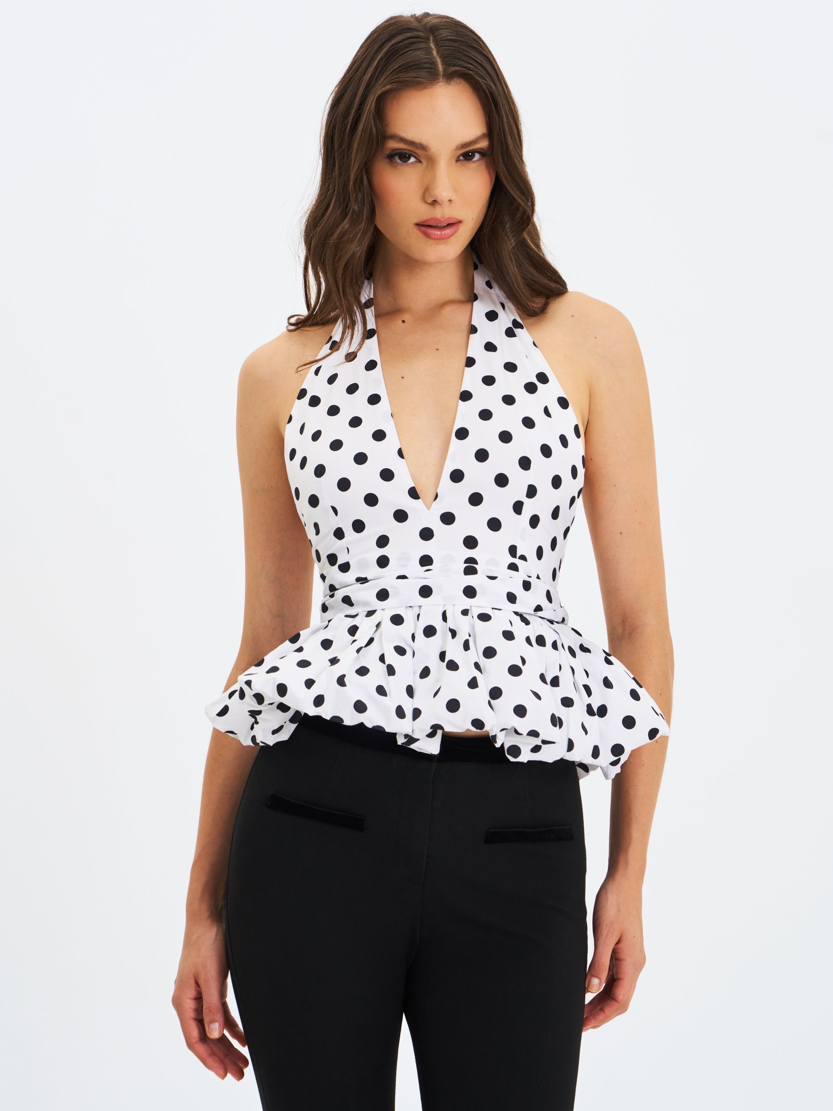 Ilene White and Black Polka Dot Bubble Hem Halter Top