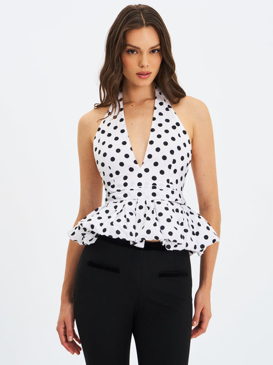 Ilene White and Black Polka Dot Bubble Hem Halter Top