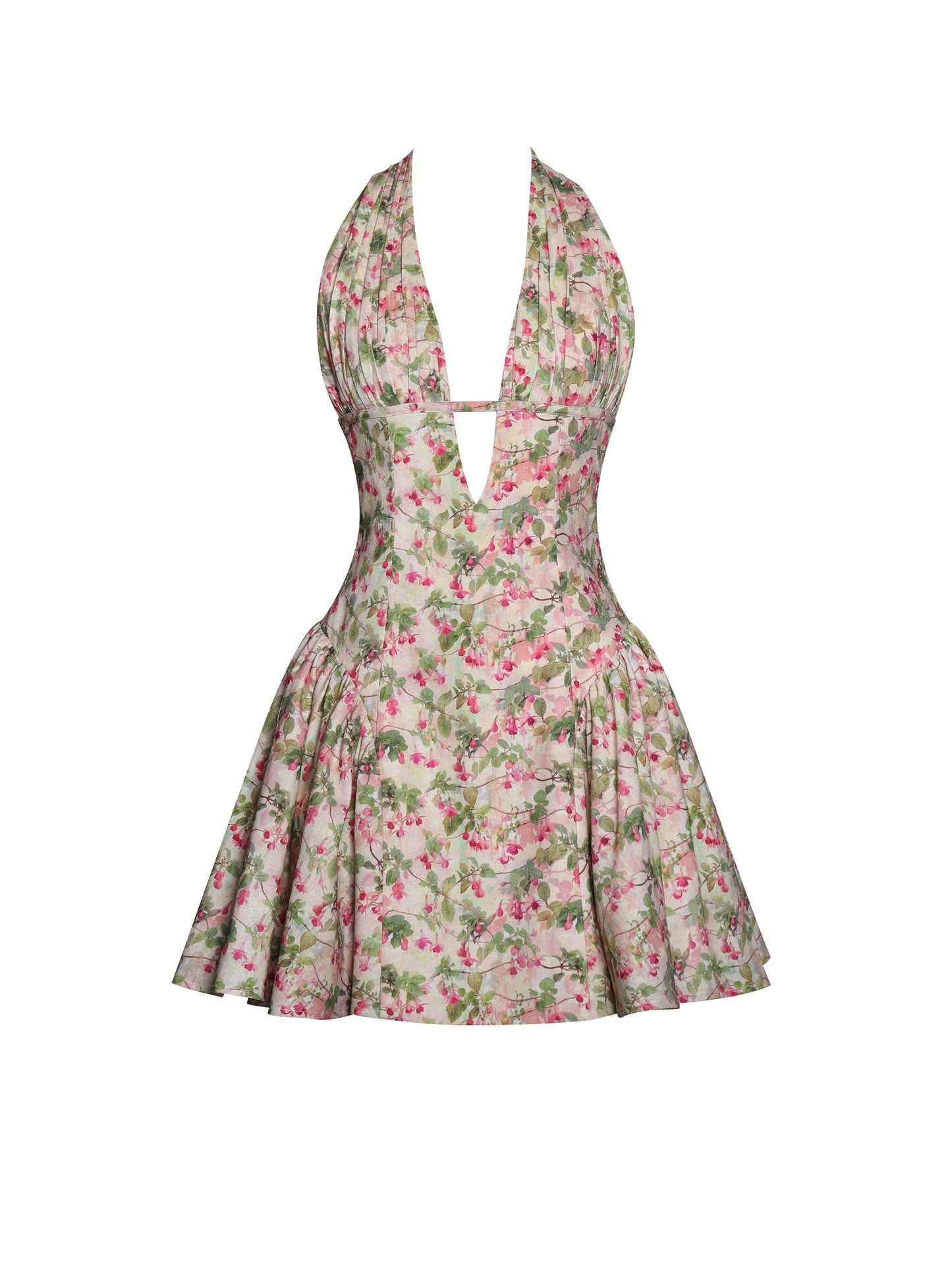 Mackenzie Green and Pink Floral Print Halter Linen Mini Dress