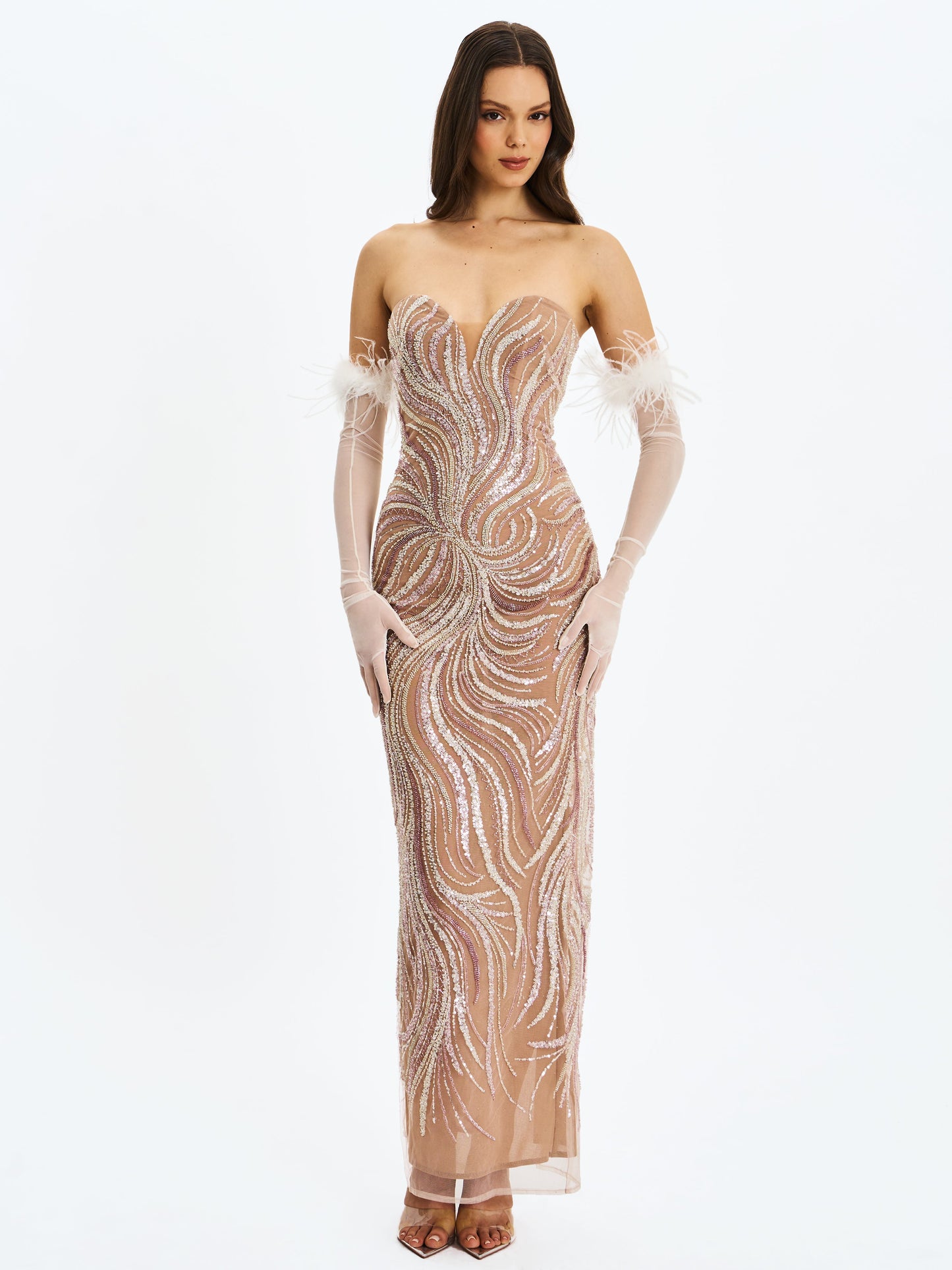 Quinci Apricot Beaded Sequin Sweetheart Maxi Dress