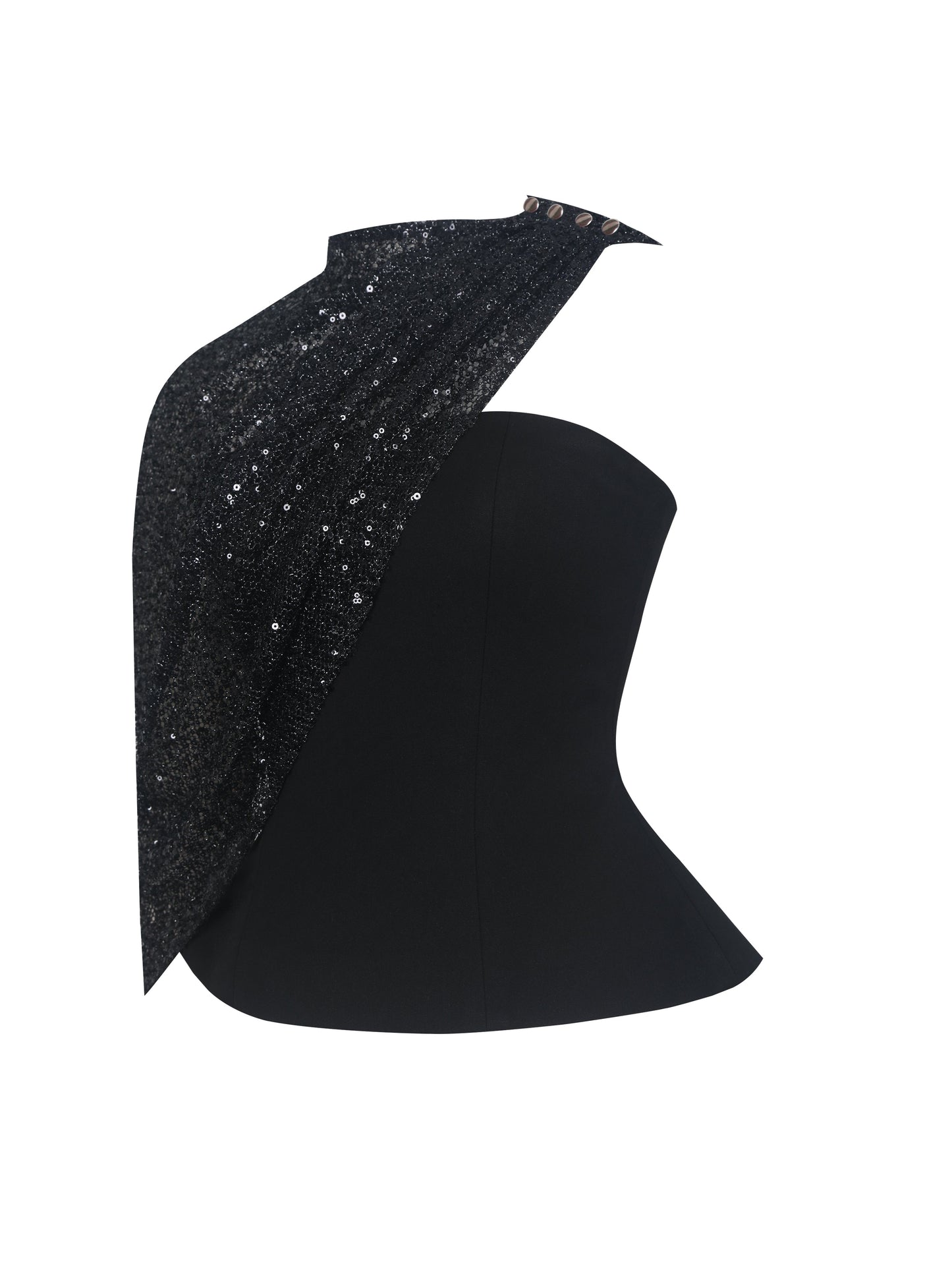Quinette Black Peplum Top with Beaded Asymmetrical Cape