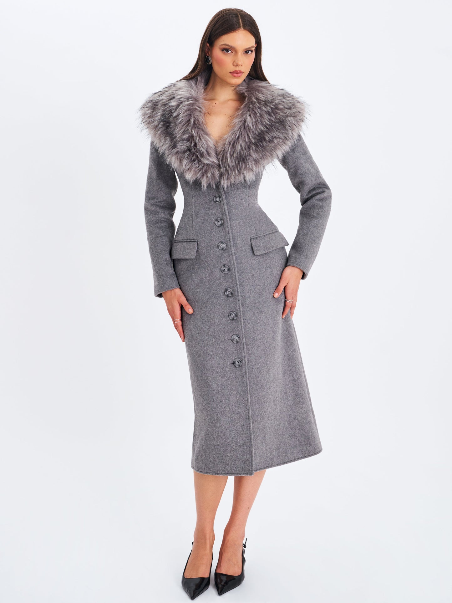 Faye Grey Wool Blend Single-Breasted Coat with Removable Faux Fur Collar
