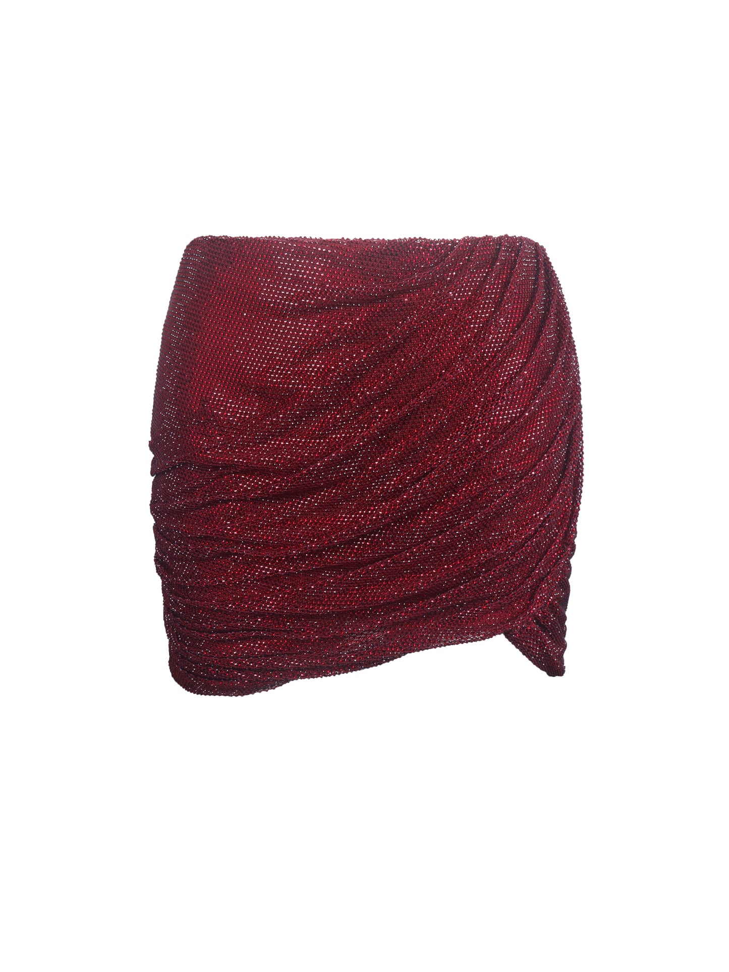 Darleen Crimson Rhinestone Mesh Low Waist Ruched Skirt