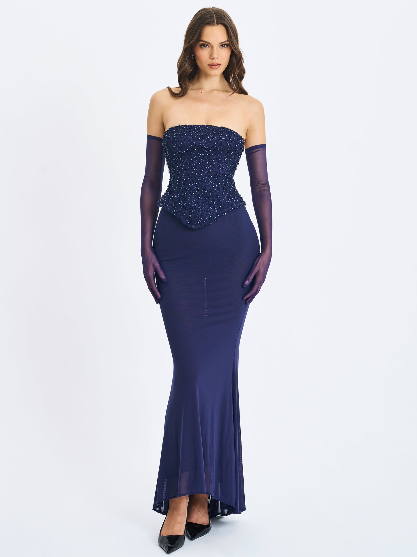 Orabelle Navy Beaded Peplum Mermaid Maxi Gown with Lace-up Back